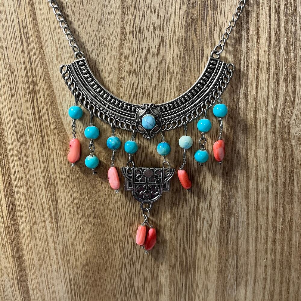 Silvertone Ethnic Coaral & Turquoise beads Native American 14-16 inches